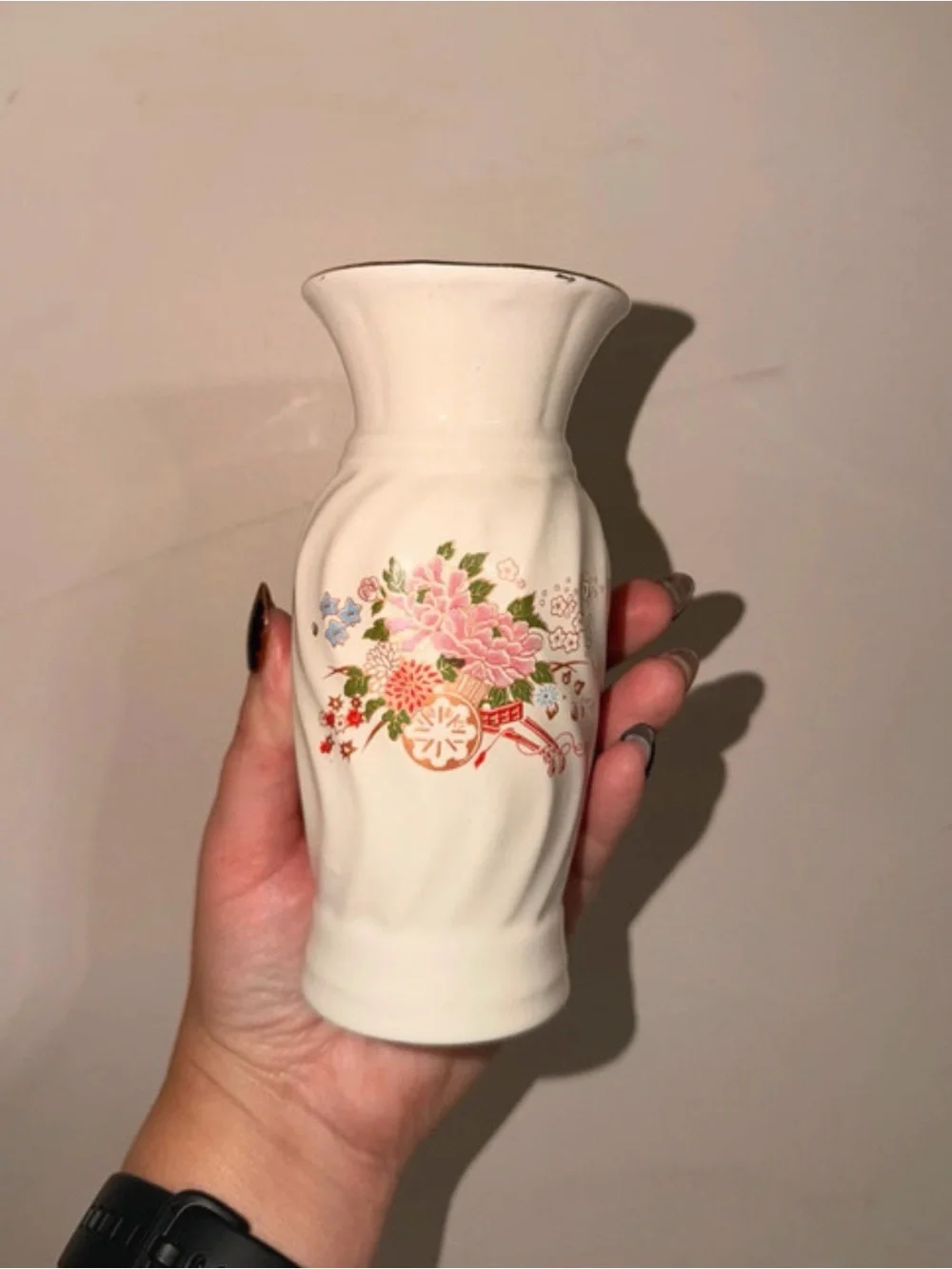 White Porcelain Floral Vase with Pink & Green Accent